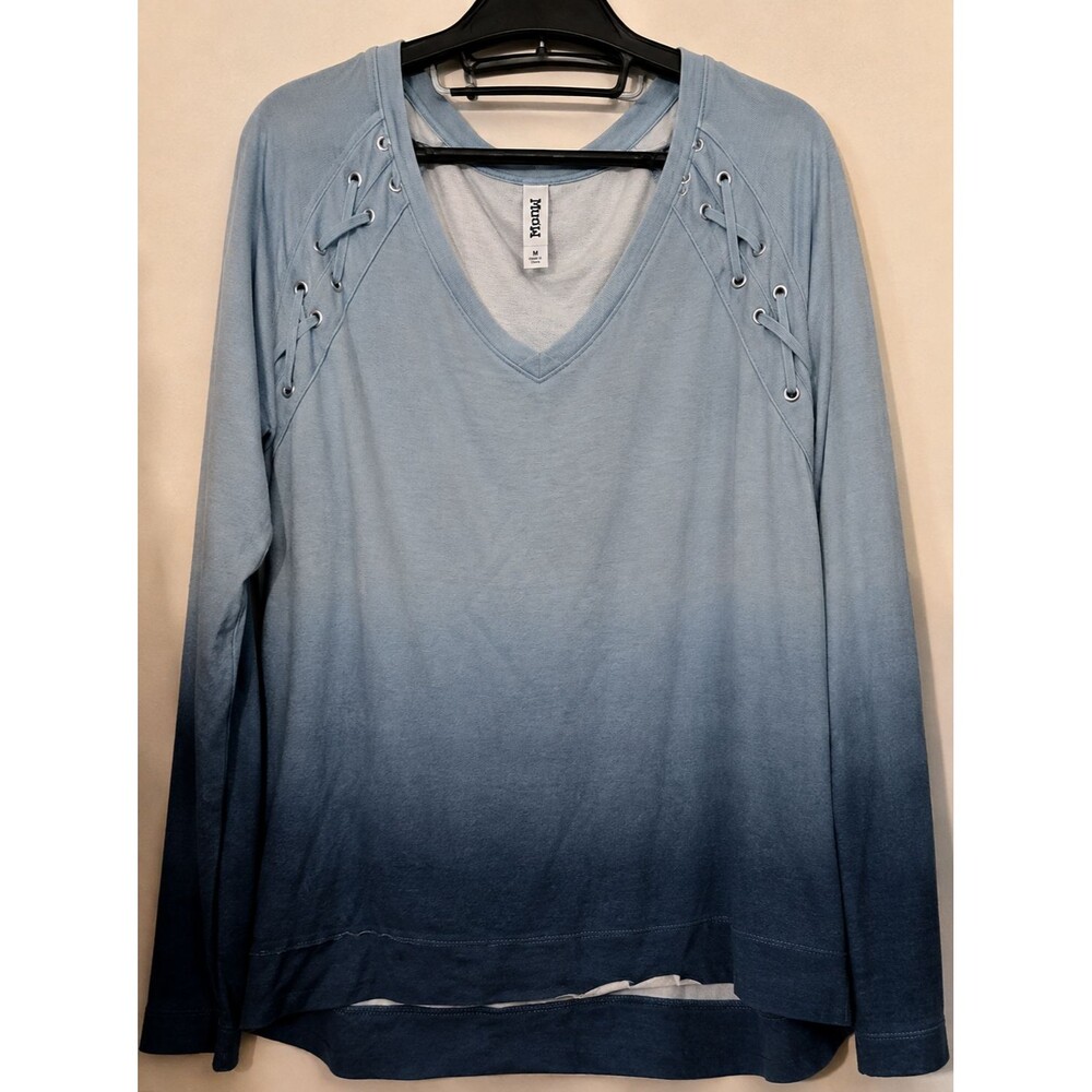 Ombre Lace Up Top Long Sleeve Mudd Blue V Neck Pullover Boho Lightweight Medium